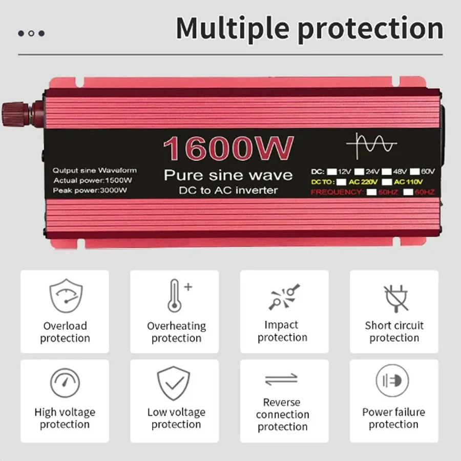 Sine Wave Inverter Pure DC 12V/24V To AC 110V/220V 1000W 1600W 2000W 2200W Portable Power Bank Converter Solar