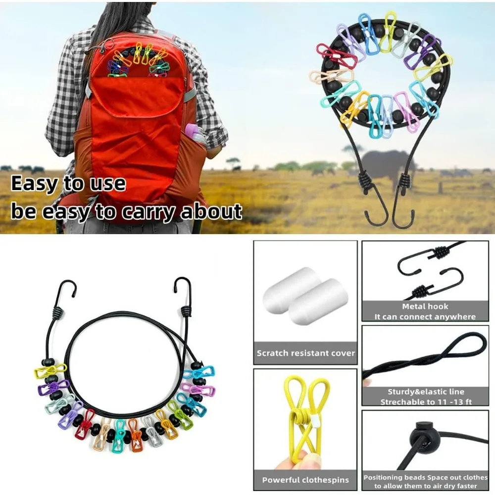 Clothesline，Retractable Portable Clothesline for Travel，Clothing line with 12 Clothes Clips，for Indoor and Outdoor Laundry Dryin