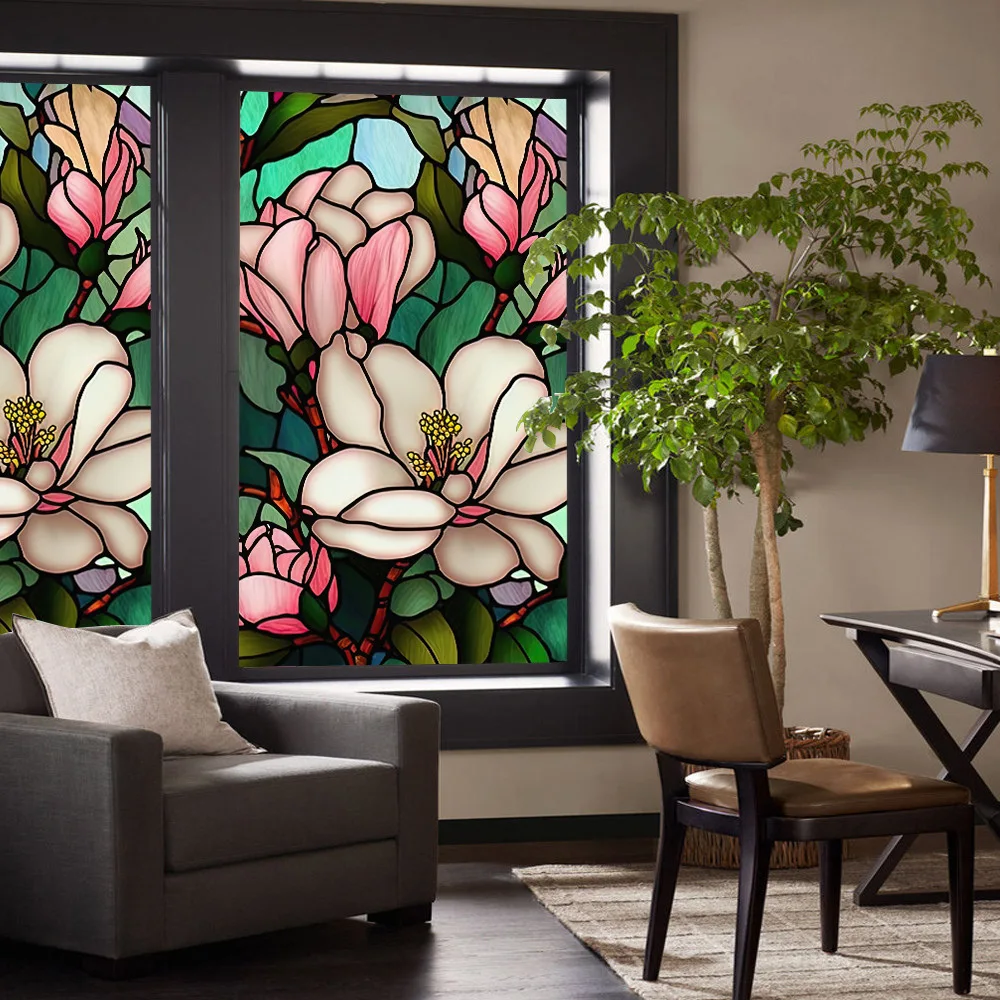 Description Picture 4 of itemColorful Retro Flower Birds Window Glass Electrostatic Stickers Removable Window Privacy Stained Decorative Film for Home Office