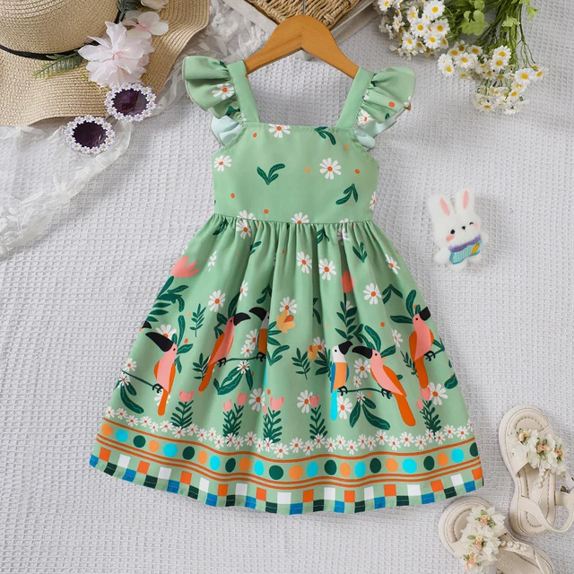 Robe d'été pour filles, petite robe imprimée plante à manches volantées 1