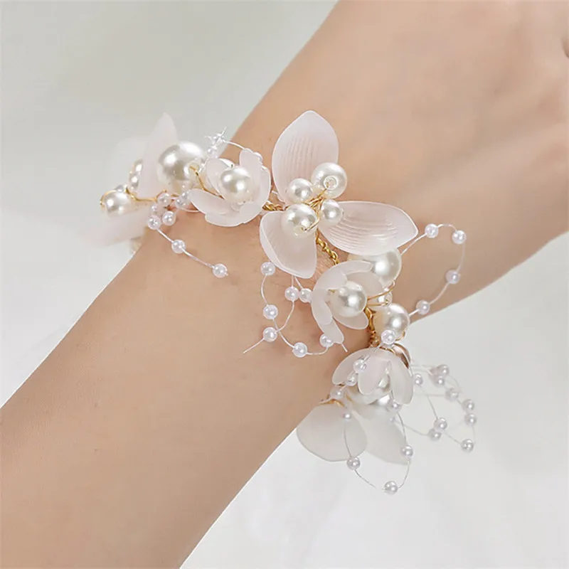 Fashion Pearl Wrist Flower For Girls Bridesmaid Wedding Lace-up Hand Flower Bridal Prom Accessories Dancing Party Decor ML pearl wrist flower