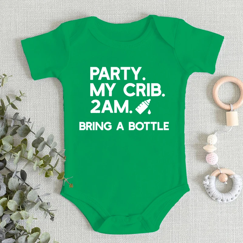 תינוקות מצחיקים "מסיבה העריסה שלי 2 אם חלב להביא בקבוק" אופנה יוולד חליפות התינוק לידה שרוול קצר ילדה ילד בגדים