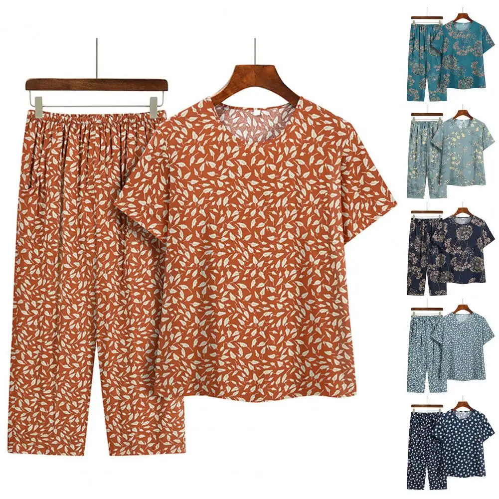 

Lady Homewear Suit Floral Print Women's Pajamas Set with Wide Leg Trousers T-shirt Mid-aged Grandmother Homewear Set for Comfort