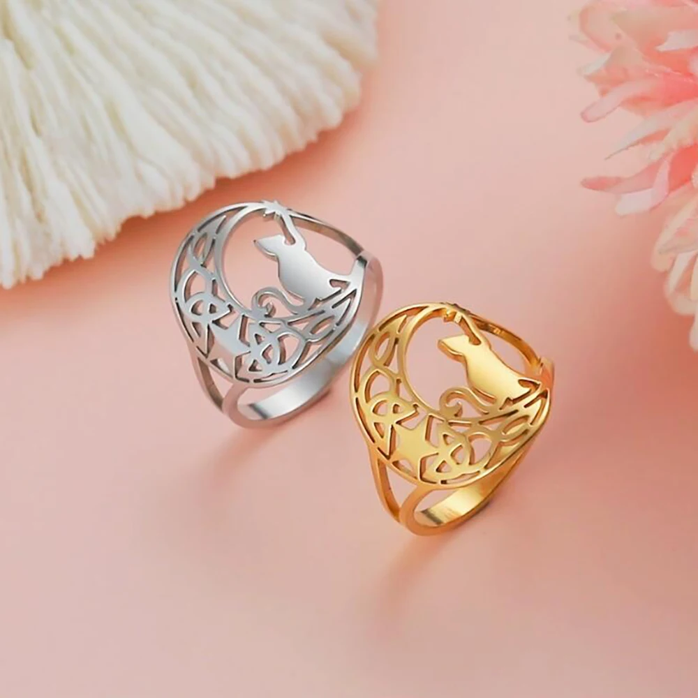 Skyrim Anello Nodo Celtico Mezzaluna Stella Gatto Acciaio Inossidabile Cute Kitten Animal Pentagram Finger Rings Gioielli Regalo Di Compleanno