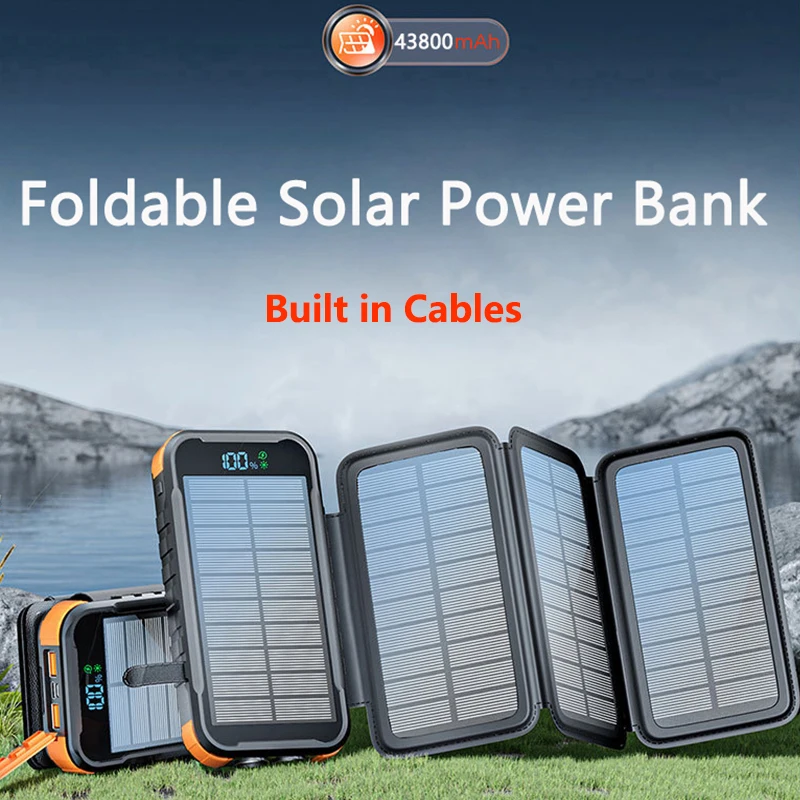 

Folding Solar Power Bank 43800mAh with 4 Cables Solar Panel PD 20W Fast Charger for iPhone 14 Samsung Huawei Xiaomi Mi Powerbank