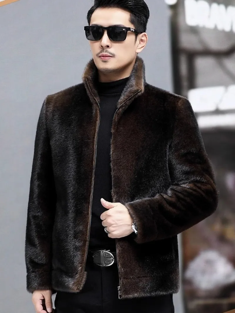 Description Picture 3 of itemLuxury Mens Faux Fur Coat Winter Fashion Stand Collar Long Sleeve Business Casual Double-Sided Jacket Male Outerwear Short Coats