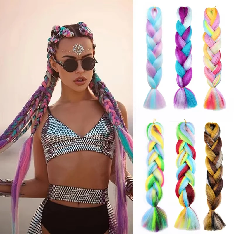 Jumbo Braiding Hair Rainbow Colors Extensions Fiber Mix Four Silky Colorful Twist Hair Extensions Colored Synthetic Braids