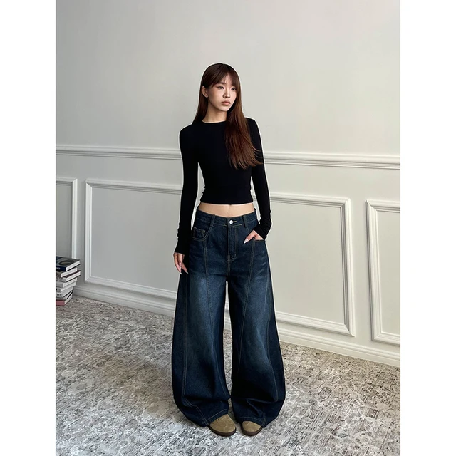 Bleu femmes rétro Y2K 2000s jambe large Baggy décontracté Denim pantalon taille haute jean ample 2024 automne Harajuku pleine longueur pantalon 5