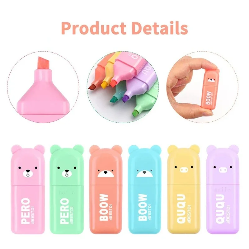 Cute Cartoon Mini Highlighter Pens Kawaii Pastel Colors Manga Markers Scrapbooking Diary Highlighter Stationery 6pcs/Set Highlighter Marker Highlighter Pen Marker Pen