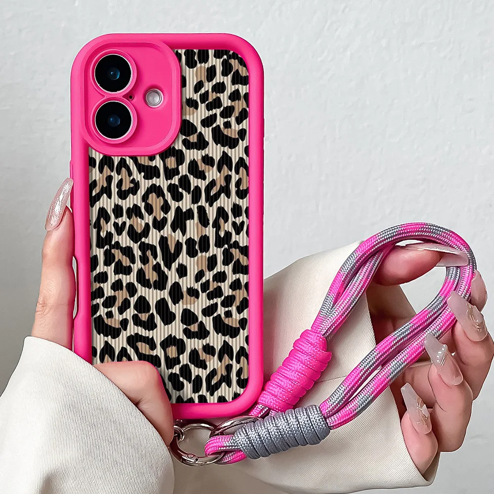 Stylish Leopard Pattern Lanyard Phone Case with Wrist Strap and Shockproof Soft TPU Back Cover