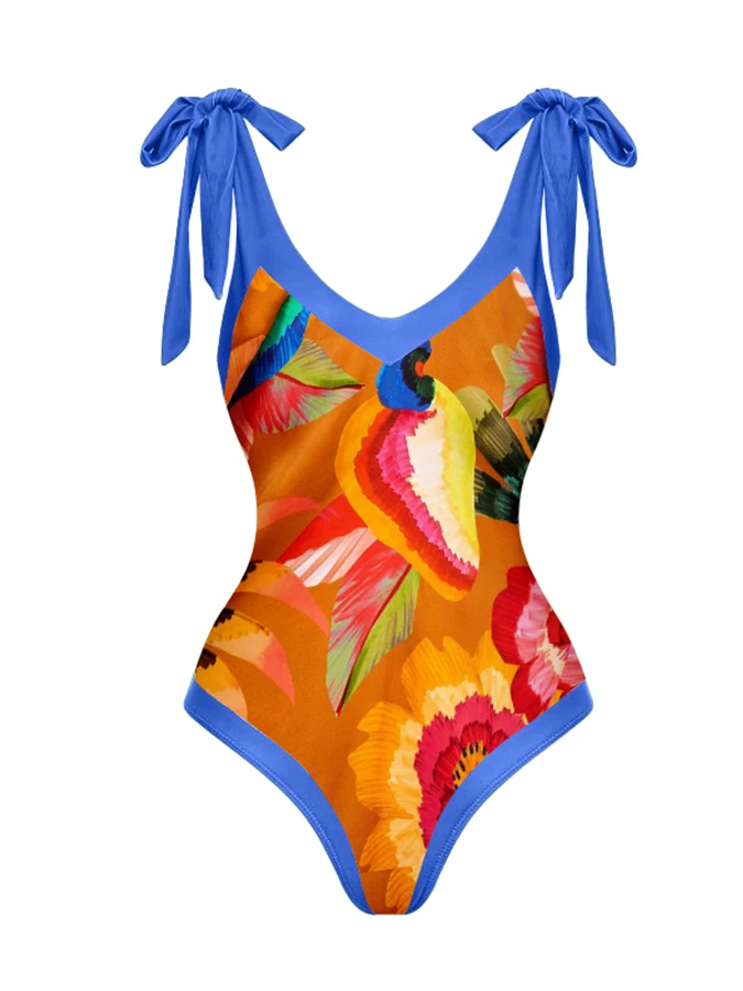 

Vintage V-Neck Colorblock Print One-Piece Swimsuit Set