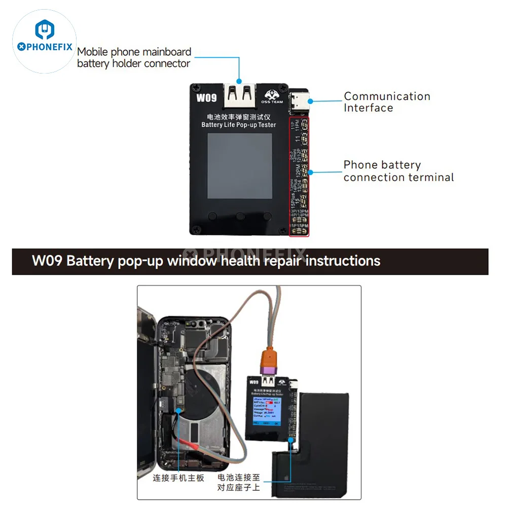 OSS W09 Pro V3 Battery Life Pop-Up Tester, remover mensagem importante da bateria, usar com iPhone 11, 12, 13, 14, 15 Pro Max