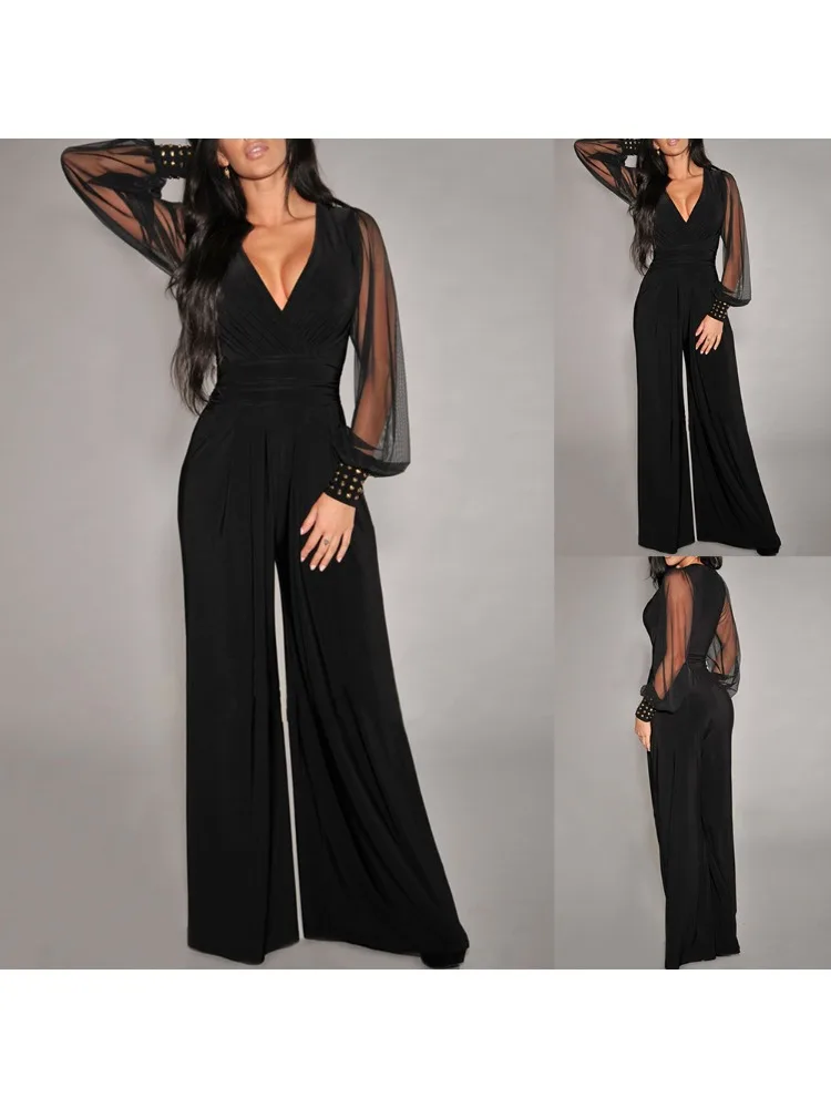 

New Jumpsuits Women One-piece Slim-fit Round Neck Sleeveless Cutout Solid Color Long Jumpsuit Mesh Rivets Dresses for Women