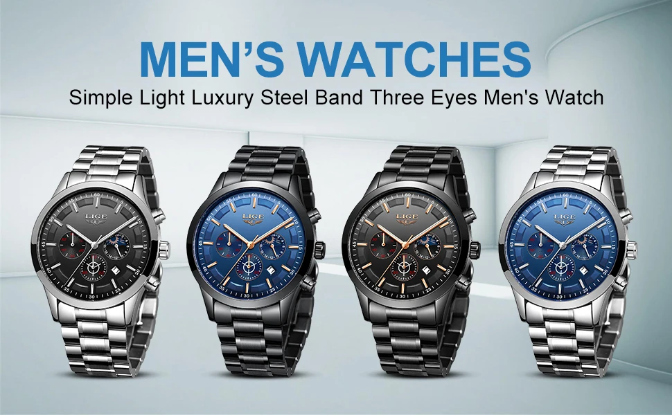 LIGE Men Watches Steel Wristwatch Sport Waterproof Chronograph Analog Quartz Watch Man Business Date Clock Luxury Watch for Men