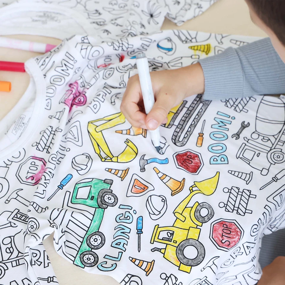 Pyjama à Colorier Pour Enfants - Haut Et Pantalon Manches Longues, Tissu Blanc, Activité Créative DIY