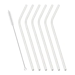 Set of 6 Reusable Rainbow Metal Drinking Straws with Cleaning Brush (Silver)