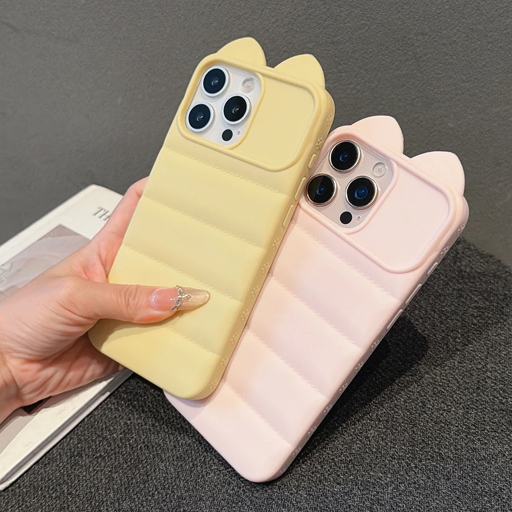 Adorable 3D Cat Ears Soft Phone Case with Down Jacket Shockproof Back Cover