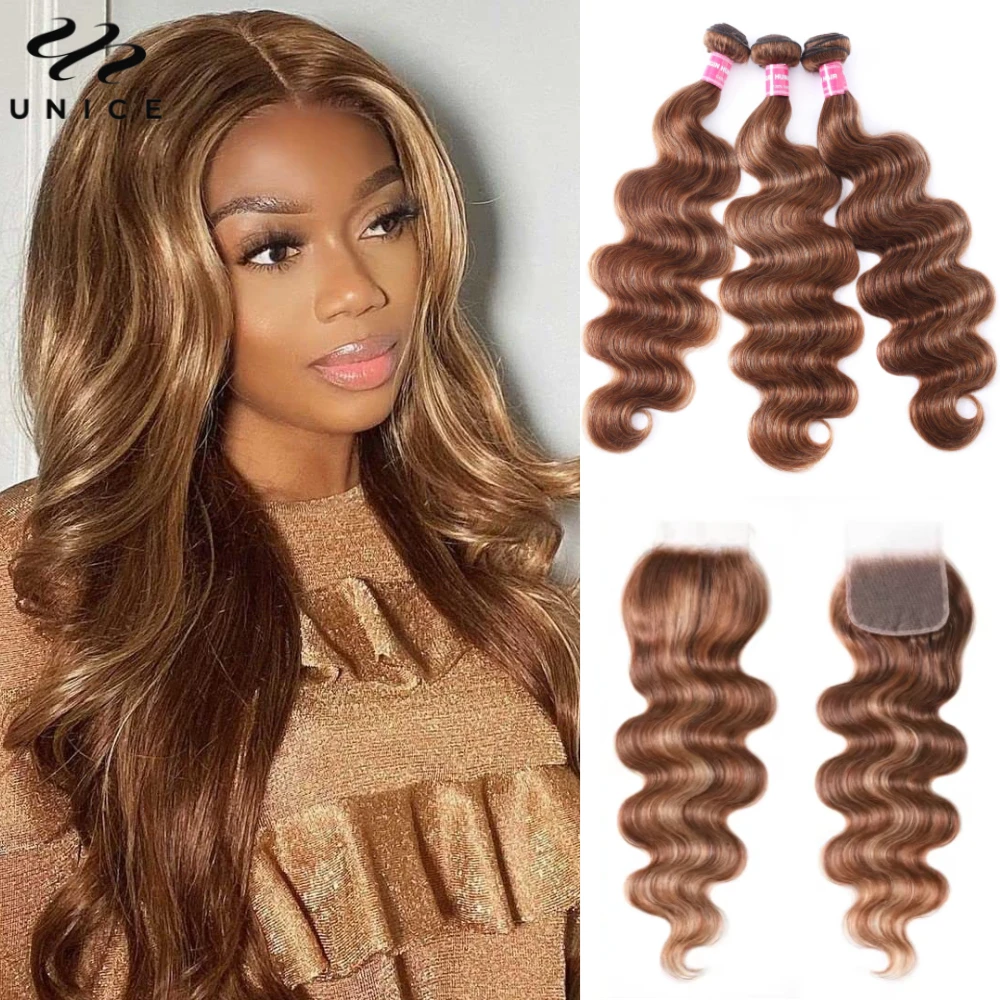 UNice Hair Blonde Highlight Body Wave Human Hair Bundles 2/3/4 Pcs With 4x4 Lace Closure Human Bundles Full Head Use