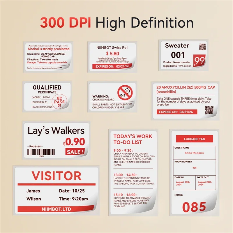 NiiMbot B21Pro Thermal Printer Red & Black Printing Label Paper 300DPI HD Sticker for Warning Signs, Supermarket Promotional