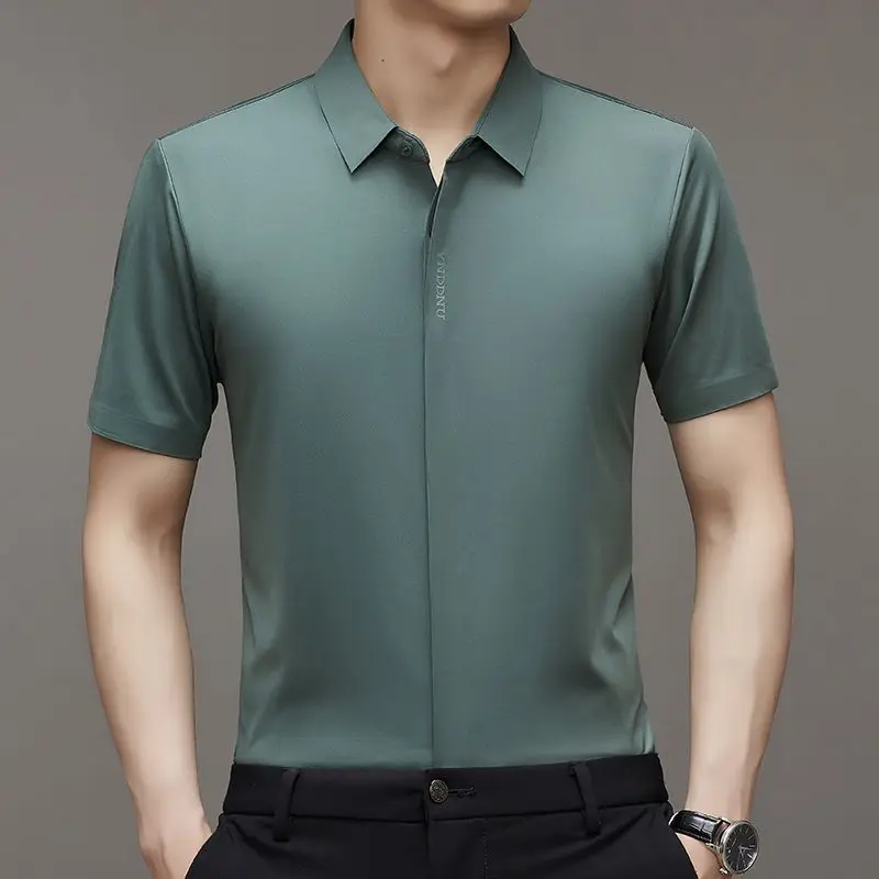 Summer Smart Casual Short Sleeved Men's Shirt Men's Solid Square Neck Button Embroidered Letter High End Wrinkle Resistant Tops