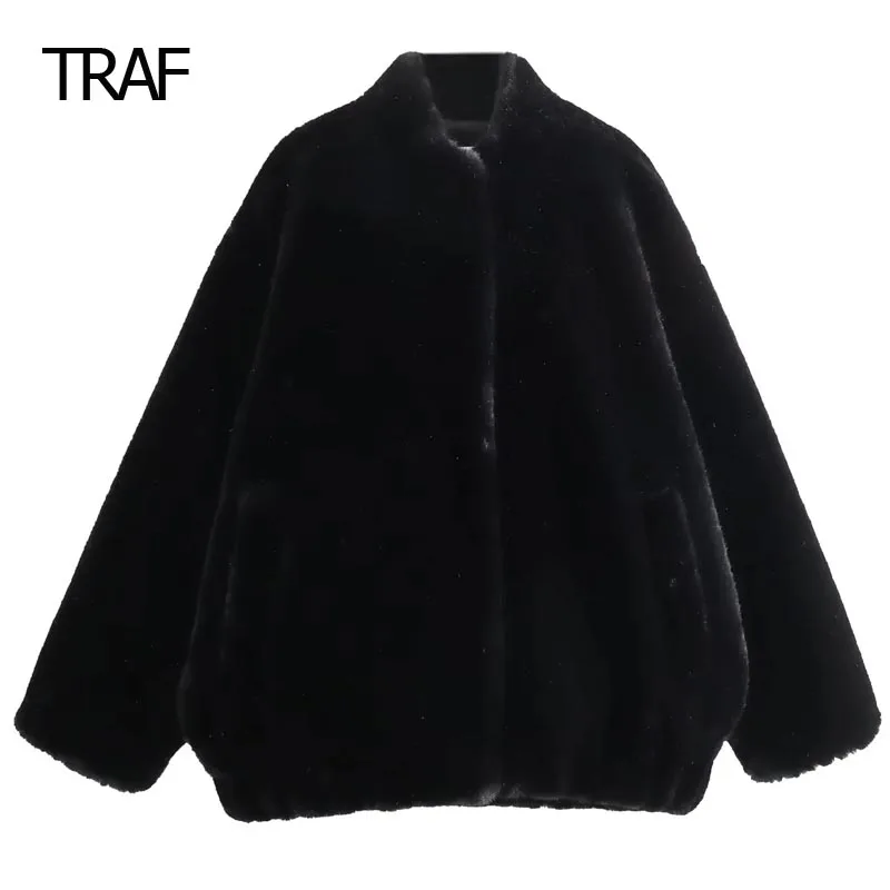 

TRAF Cropped Faux Fur Coat Women's Bomber Jacket Autumn Winter O-Neck Long Sleeve Jacket New In Outwears Warm Plush Women Jacket