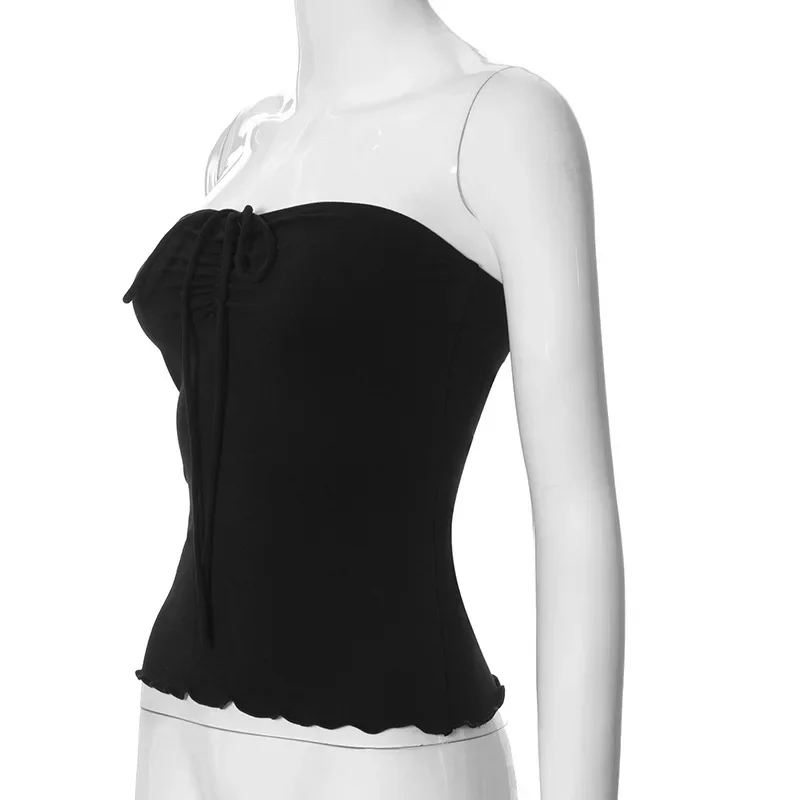 Top de una pieza informal corto con dobladillo enrollado para mujer, moda de verano, top bandeau de color liso, top sexy con cuello de encaje y sin mangas.