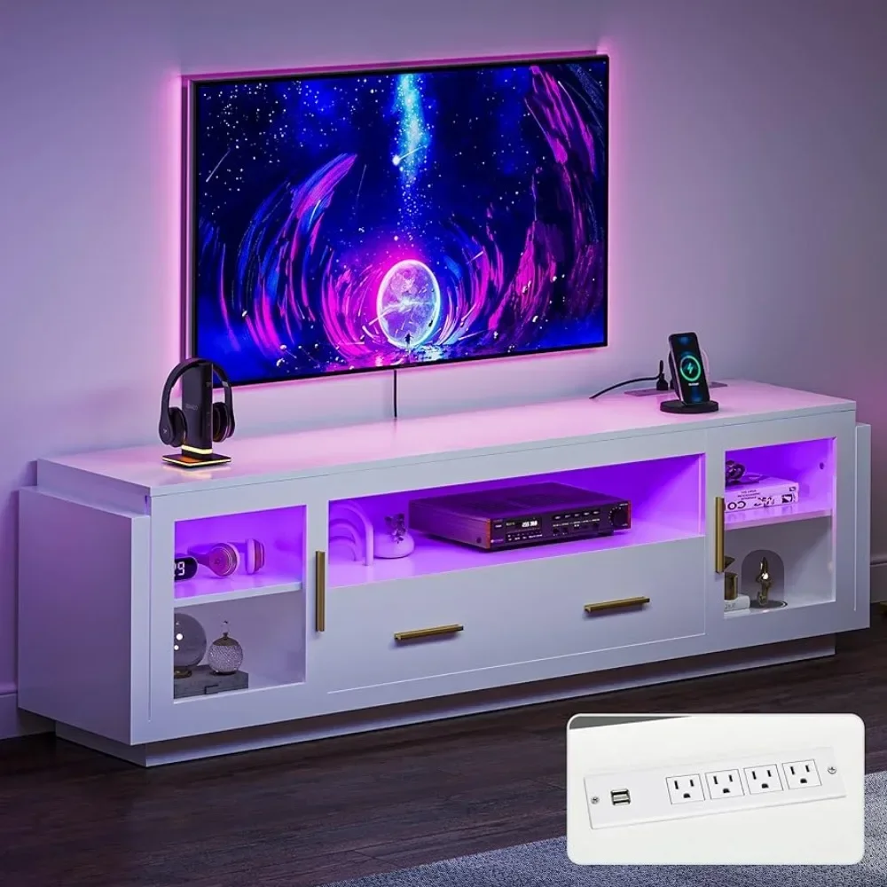 

TV Stand for TVs Up to 75” W/LED Power Outlets Living Room Cabinet White & Gold Dressers 70 Inches Modular Furniture Tv Salon