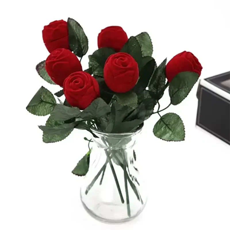 Flocked Rose Ring Box Long Root Rose Earring Ring Storage Box High-end Gift Box Engagement Ring Storage Box