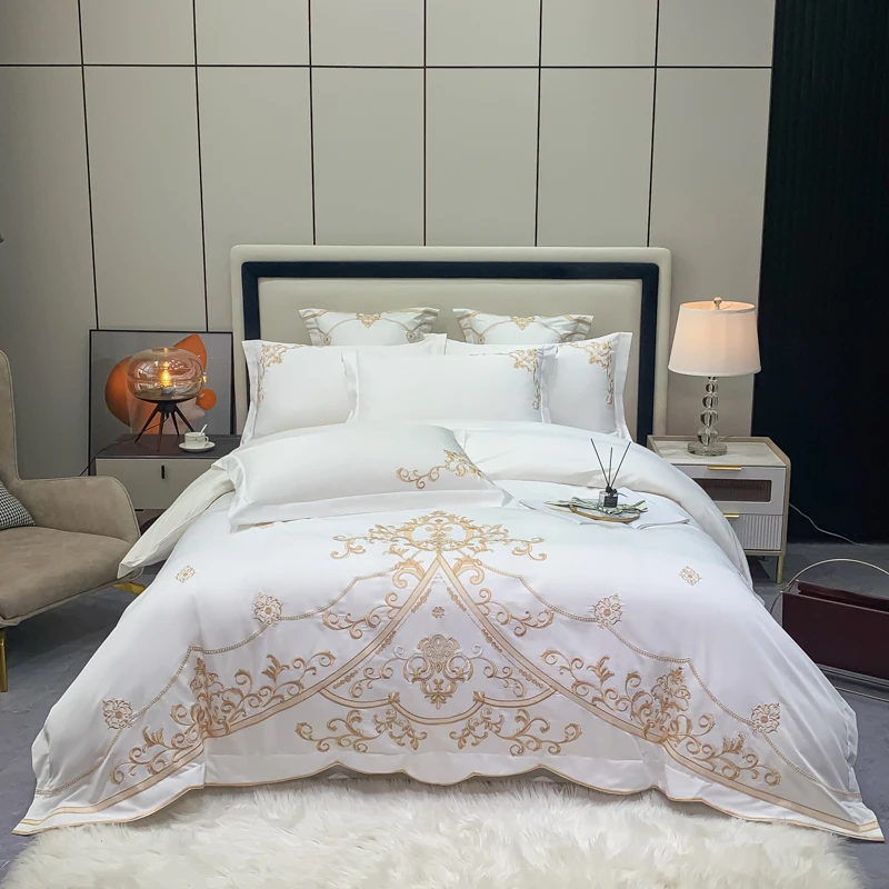 

Luxury European Royal Gold Embroidery Mircofiber And 60S Cotton Bedding Set Duvet Cover Set Bed Sheet Fitted Sheet Pillowcases