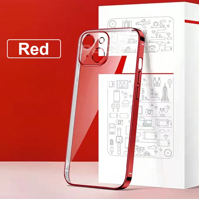 Luxury Plating Transparent Soft Silicone Case for iPhone 13 11 12 Pro Max Mini XR X XS Shockproof Clear Cover Camera Protect Red
