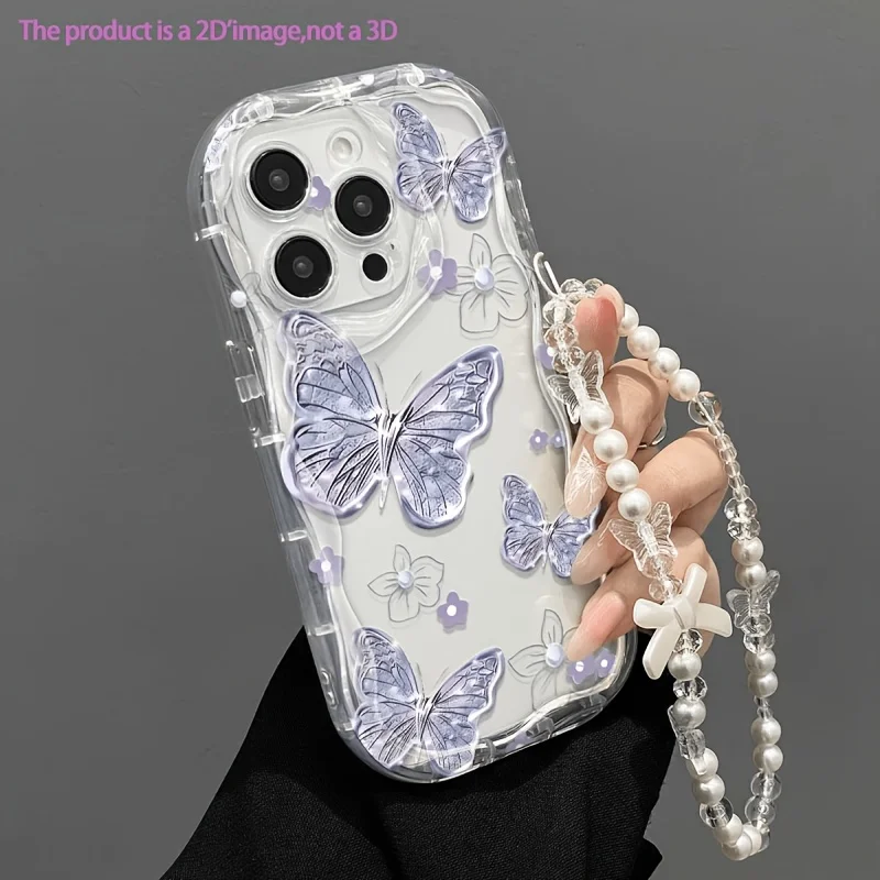 Purple Butterfly 3D Ripple Texture Lanyard Phone Case - Shockproof TPU Cover