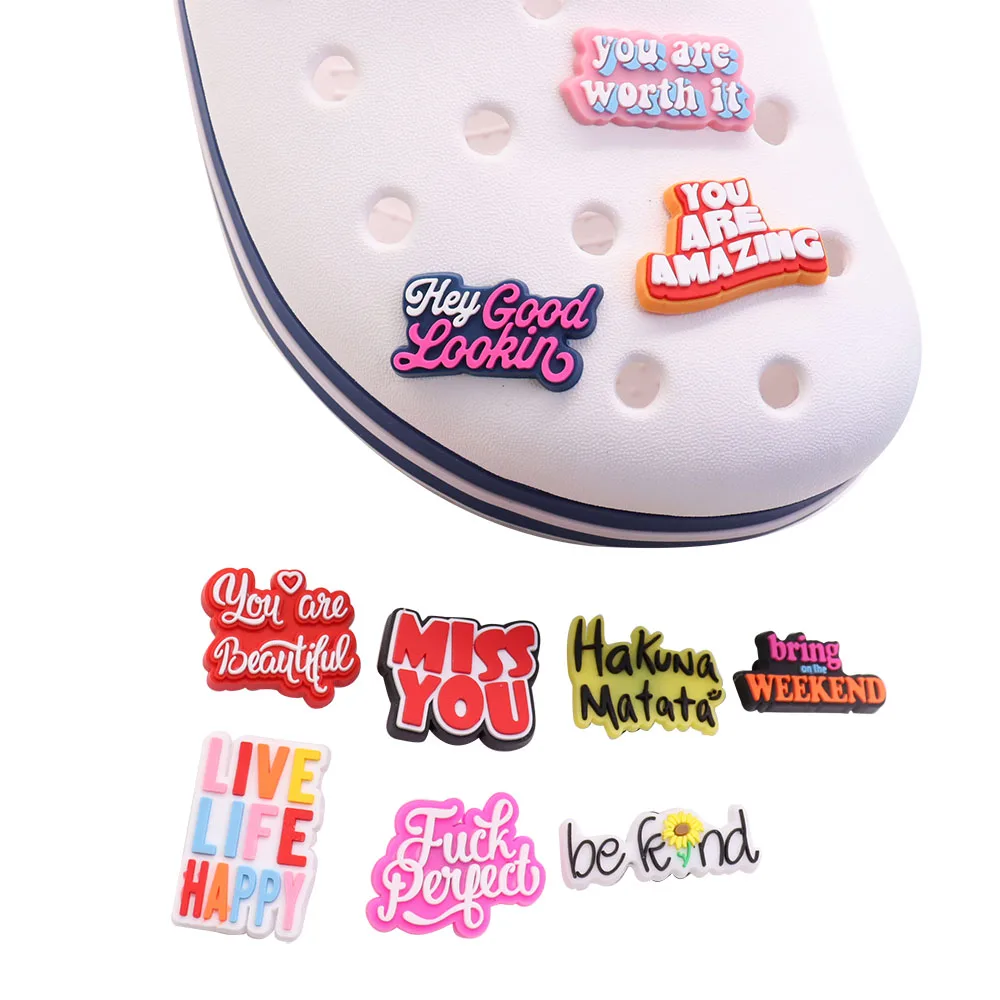 

1pcs Inspirational Letters Quotes PVC Shoe Charms Fashion Shoe Buckles for Croc Jibz Decoration Garden Sandals Clog Good Vibes