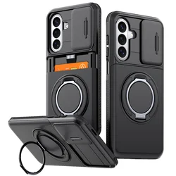 Premium Slide Card Slot Holder Phone Case with Magnetic Ring - Durable Armor Protection Cover - Galaxy A27 (XJ - Black)