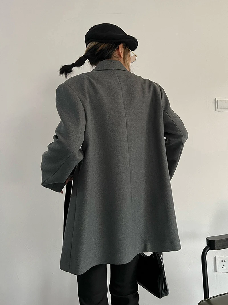 Oversized Blazer Women’s Ribbon Slit Suit Jacket Korean Gray Oversize Plus size womens Coat M-4Xl Elegant Casual All Match Outwear Spring Autumn Streetwear for Woman in Gray grey