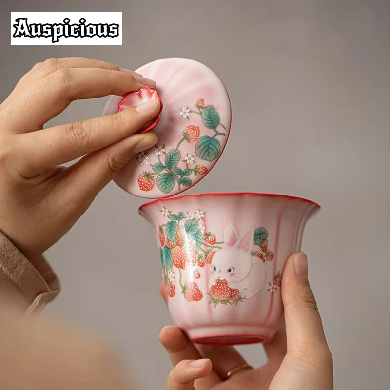 160ml Hand Painted Strawberry Rabbit Gaiwan Japanese Red Ru Kiln Ceramic Tea Tureen Tea Maker Cover Bowl Services Ornaments