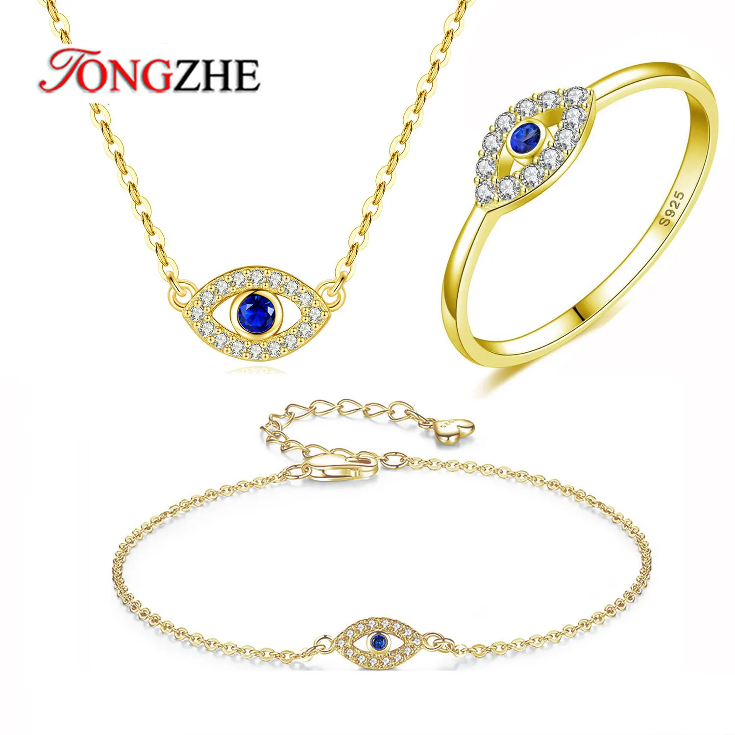 

TONGZHE 925 Sterling Silver Ring Necklace Evil Eye Bracelet For Women Charm Luck Blue CZ Chain Link Turkish Jewelry Set