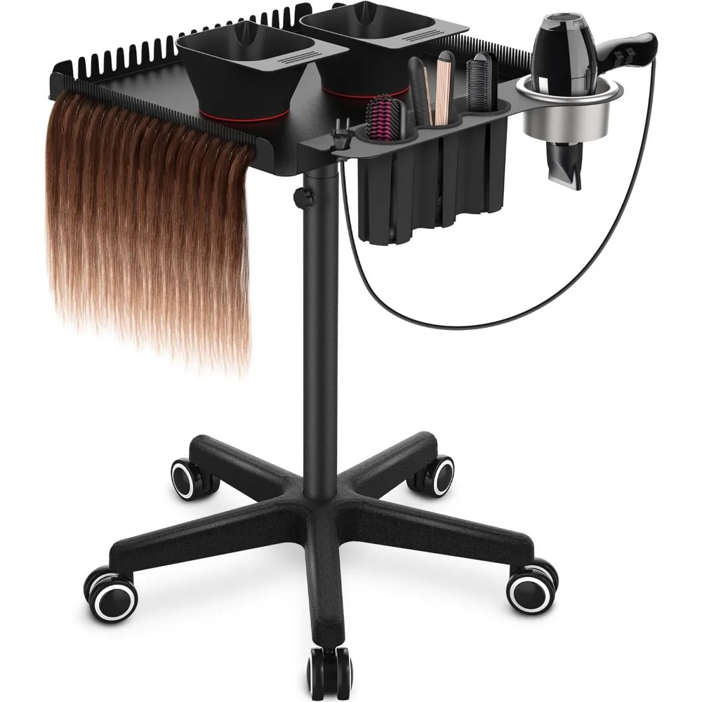 Metal Hairstylist Tray Rolling Cart for Hair with 2 Magnetic Hair Color Bowls,Salon Trolley Cart with Holder and Separator Stand