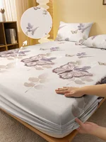 1Simple modern Plant Flower Leaf Butterfly printed matte Fitted Sheet, bedroom printed bed cover, bedding(excluding pillowcases) 1