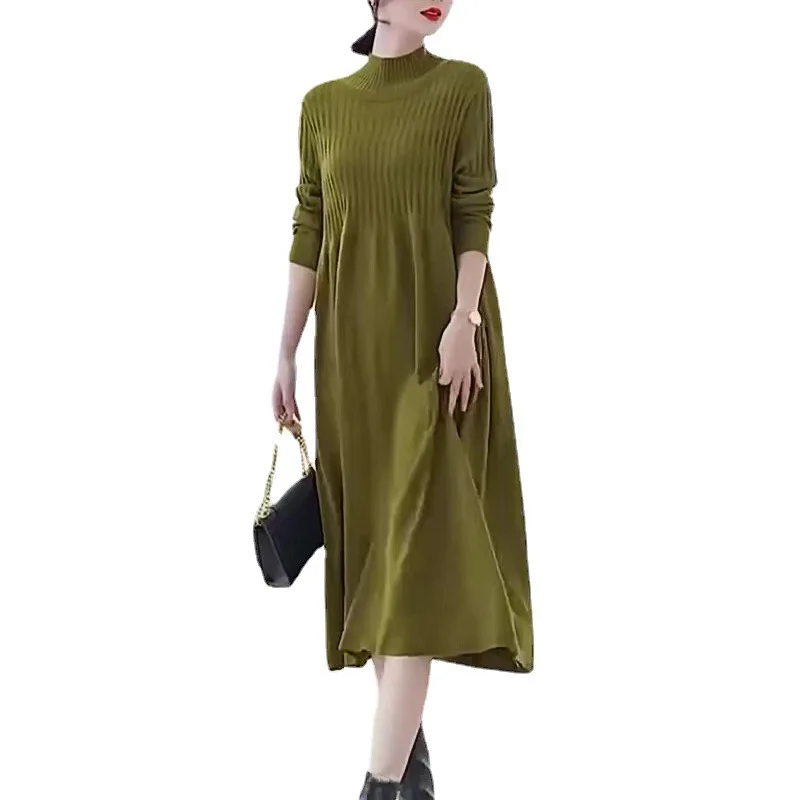 

Осенне-зимнее длинное платье, женское элегантное модное плотное свободное вязаное платье-свитер с высоким воротником, повседневные платья в стиле ретро с длинным рукавом