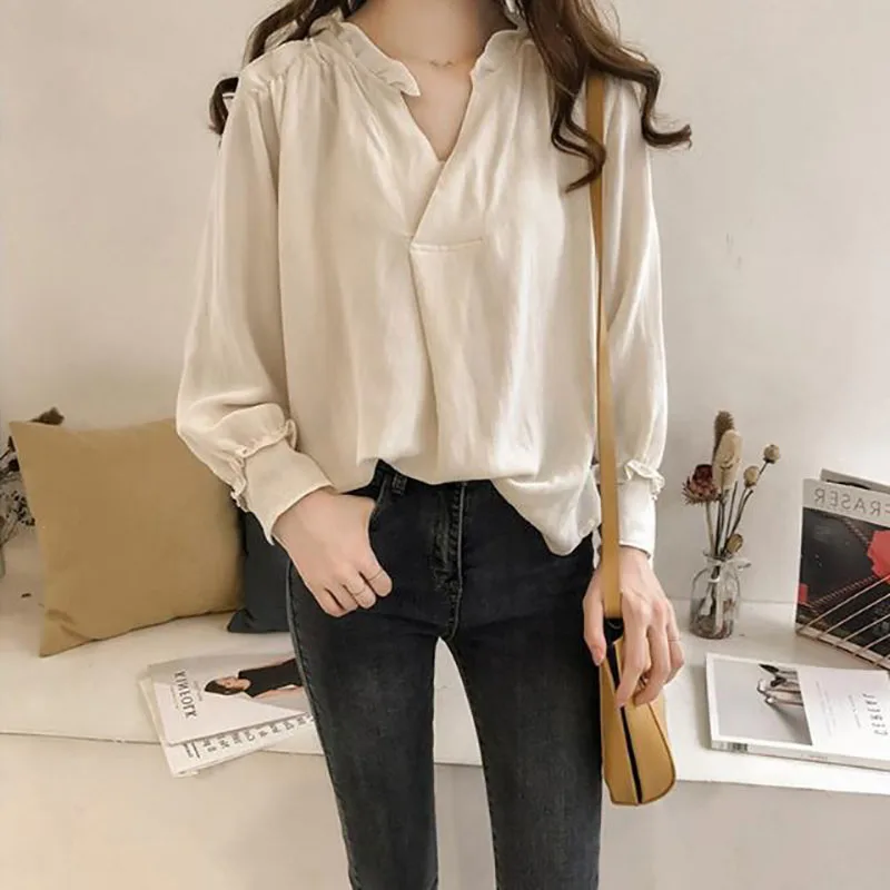 Fashion V-Neck Loose Ruffles Folds Irregular Blouse Female Clothing 2023 Autumn Winter New Oversized Casual Tops Korean Shirt
