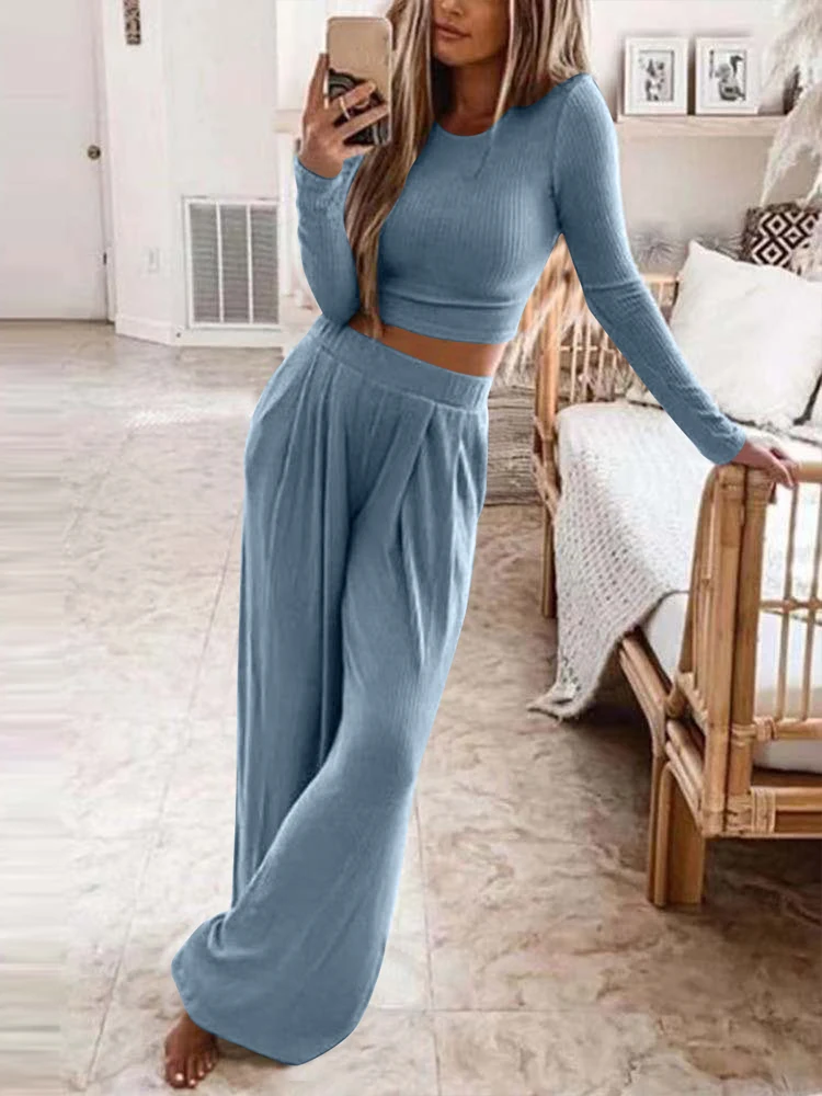 

CHRLEISURE Women Sets Home Leisure Suits Solid Color Knit Tops Wide Leg Pants Two Piece Sweaters Wide Leg Pants