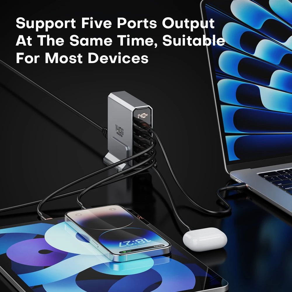 140W GaN USB Charger 5 Ports Type C PD3.0 QC Quick Charge 4.0 3.0 PPS USB C Fast Charger for IPhone 14 13 Samsung Macbook Tablet