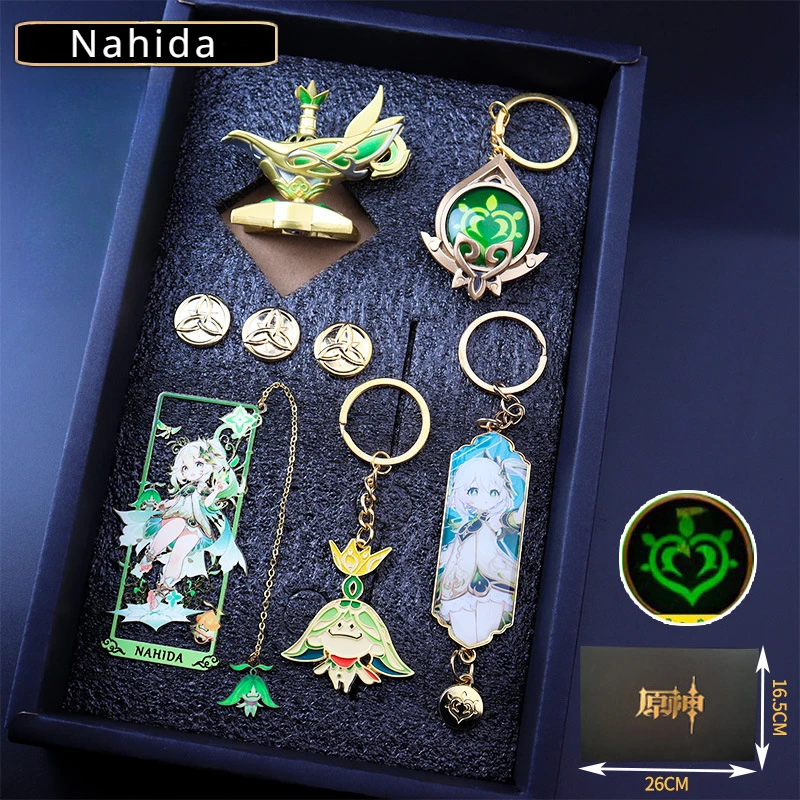 

Anime Game Genshin Impact Luminous 7 Element Eye of God Klee Venti Zhongli Nahida Keychains Bookmark Mora Gold Coin Gift Box Set