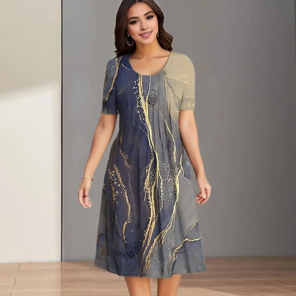 

Women Printed Midi Dress Stylish Plus Size Women's Summer Dress with A-line Print Short Sleeves Soft Breathable Knee for Casual