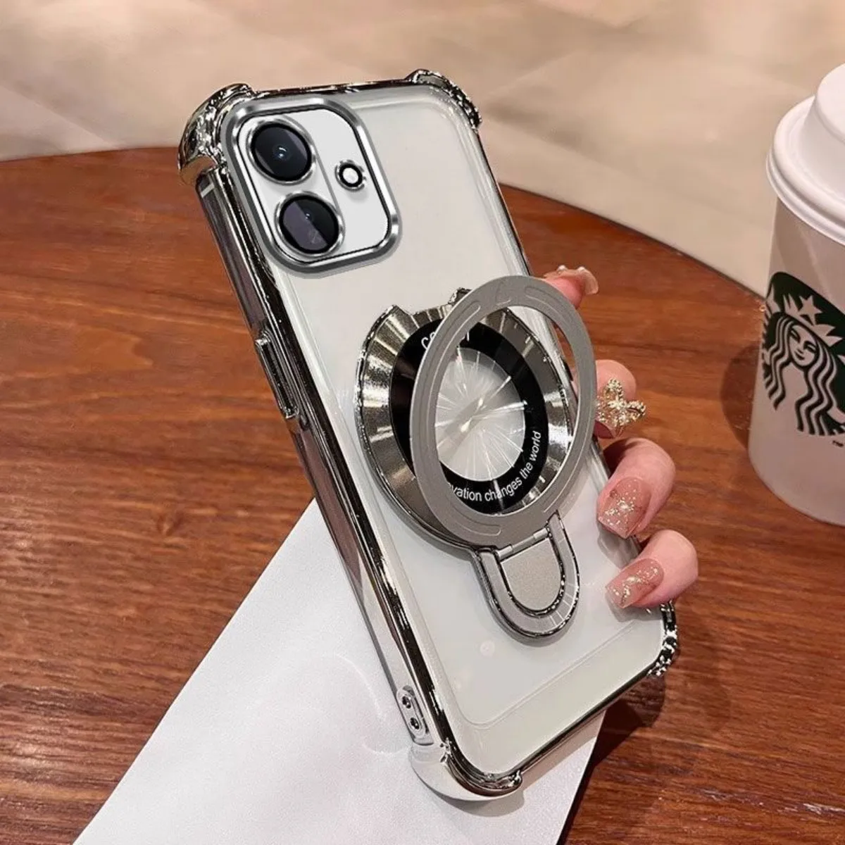Luxury Plating Shockproof Magnetic Bracket Clear Case with Holder Stand