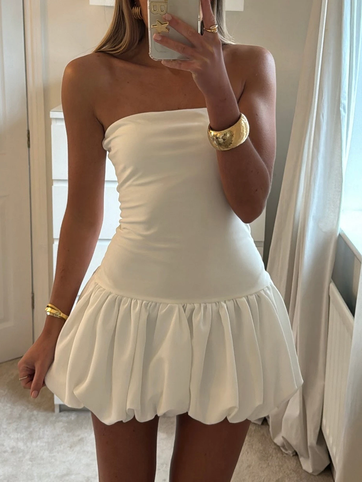 Women Strapless Bubble Mini Dress 2024 Solid Backless Sleeveless Bandeau Puff Bubble Party Dress vestidos