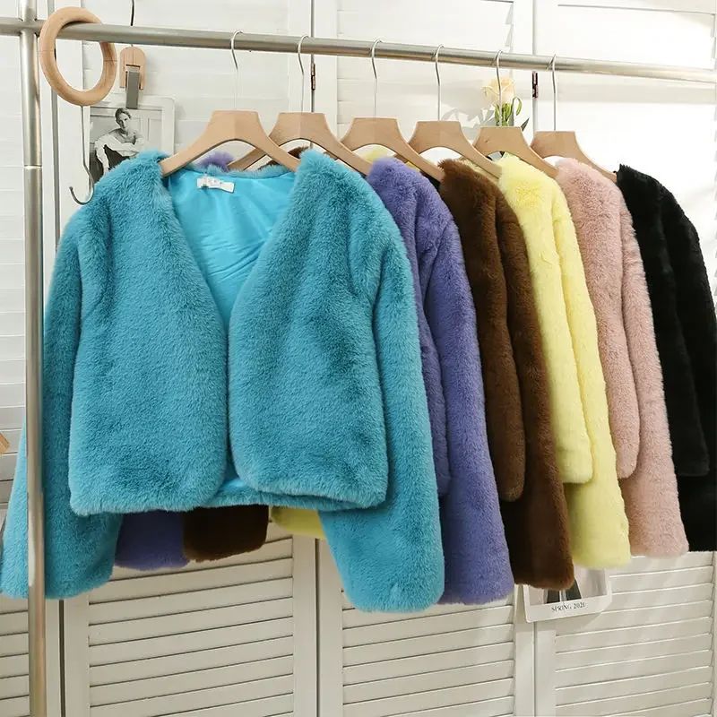 FANIECES 7 Colors Solid Faux Rabbit Fur Coat Women V Neck Warm Plush Fur Jacket Winter Korean Casual Overcoat manteau femme hive
