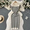 Summer Striped Beach Knitted Dress O Neck Short Sleeves Chic Hotsweet Slim Sundress Streetwear Y2K Bodycon Midi Dress 1