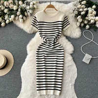 Summer Striped Beach Knitted Dress O Neck Short Sleeves Chic Hotsweet Slim Sundress Streetwear Y2K Bodycon Midi Dress 1