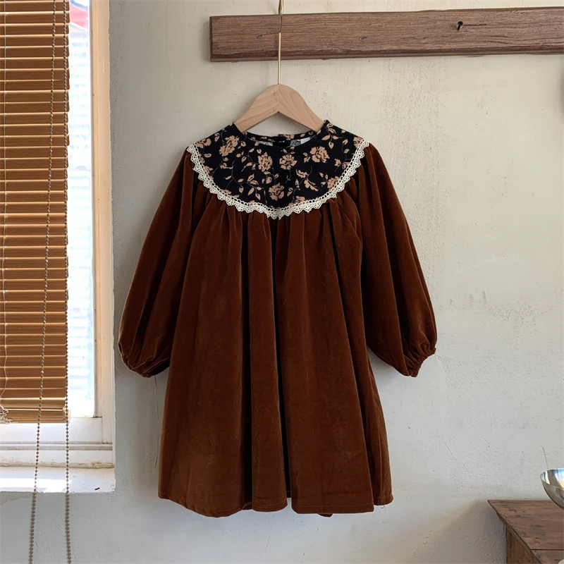 

Kids Clothes Girls Dresses Autumn Vintage Floral Velvet Princess Dress for Babies Cotton Lace Panel Collar Children's Clothing